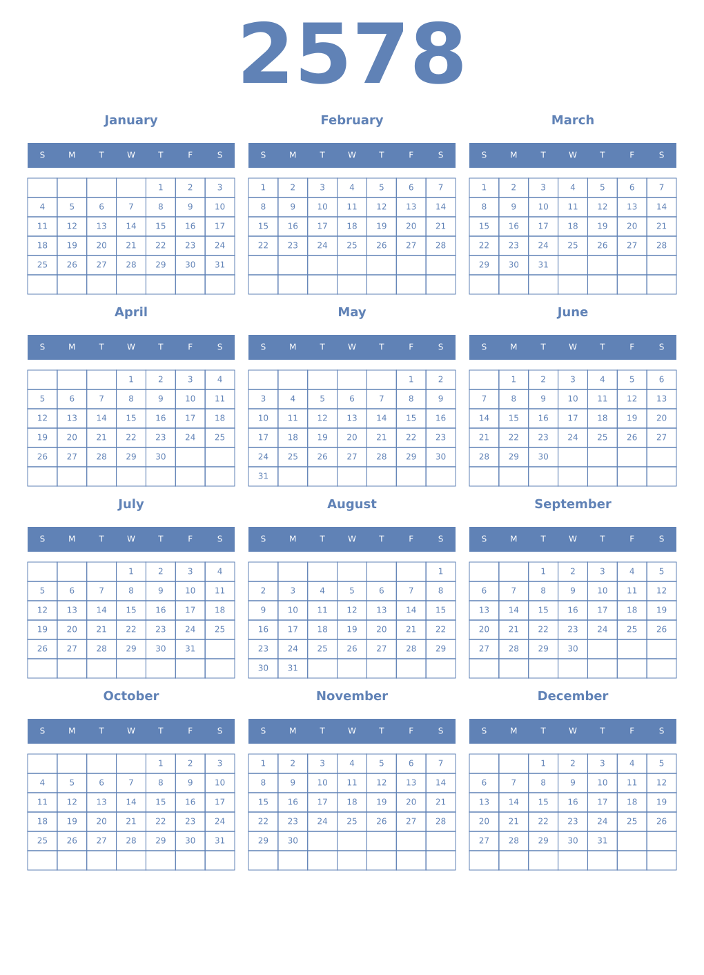 Printable 2578 Year Calendars glaucous