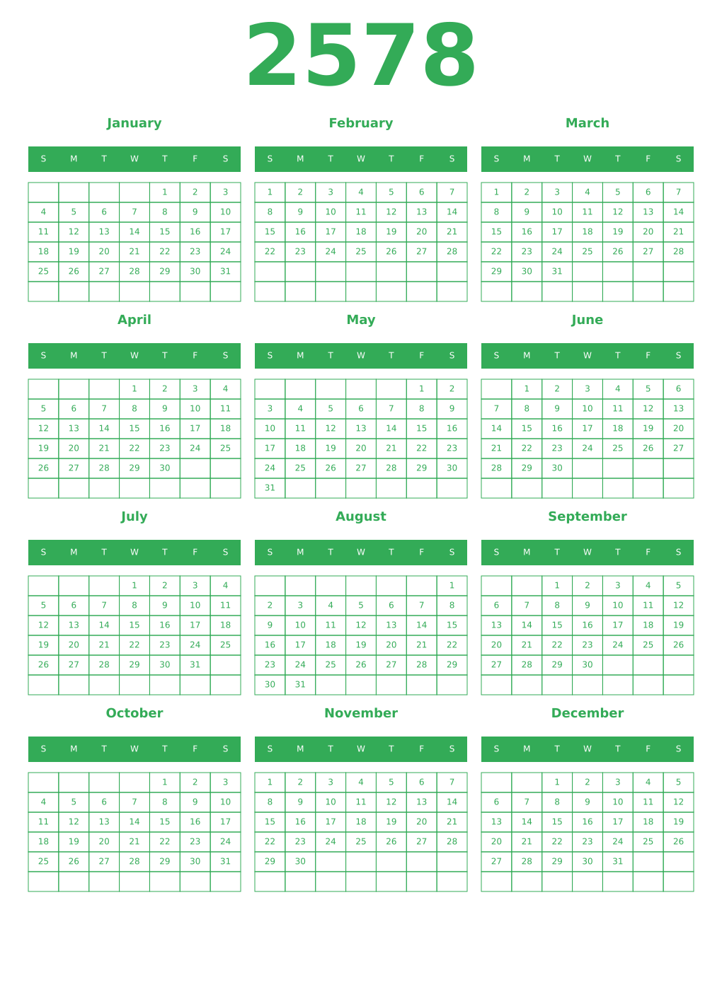 Printable 2578 Year Calendars green