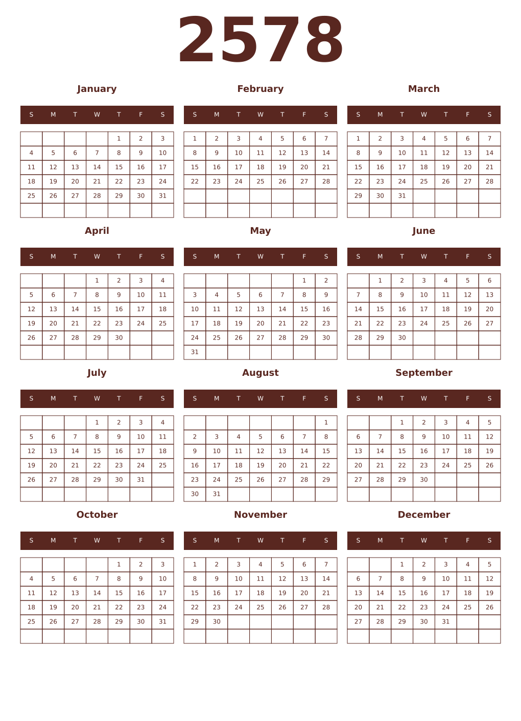 Printable 2578 Year Calendars mortuum