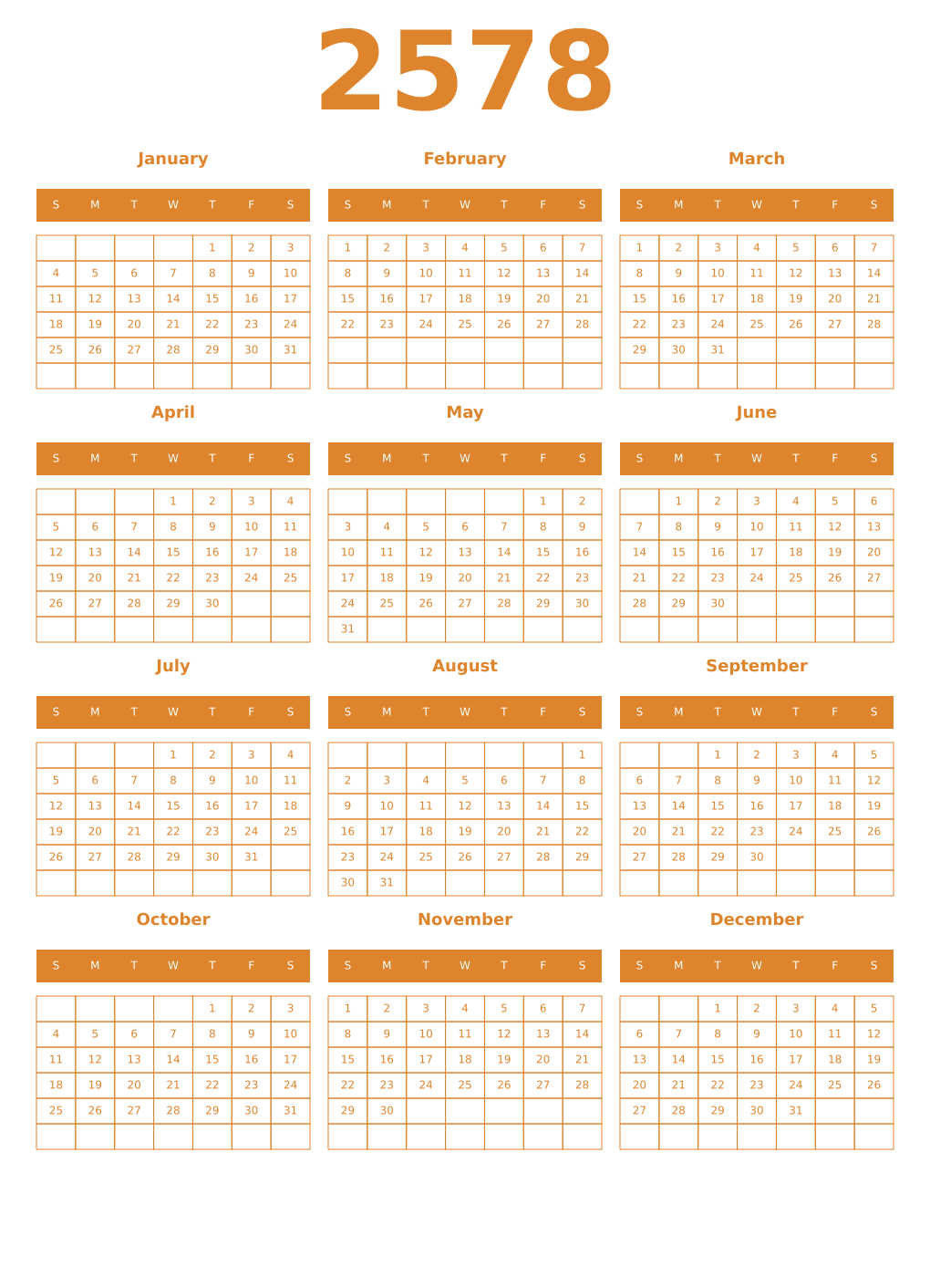 Printable 2578 Year Calendars orange