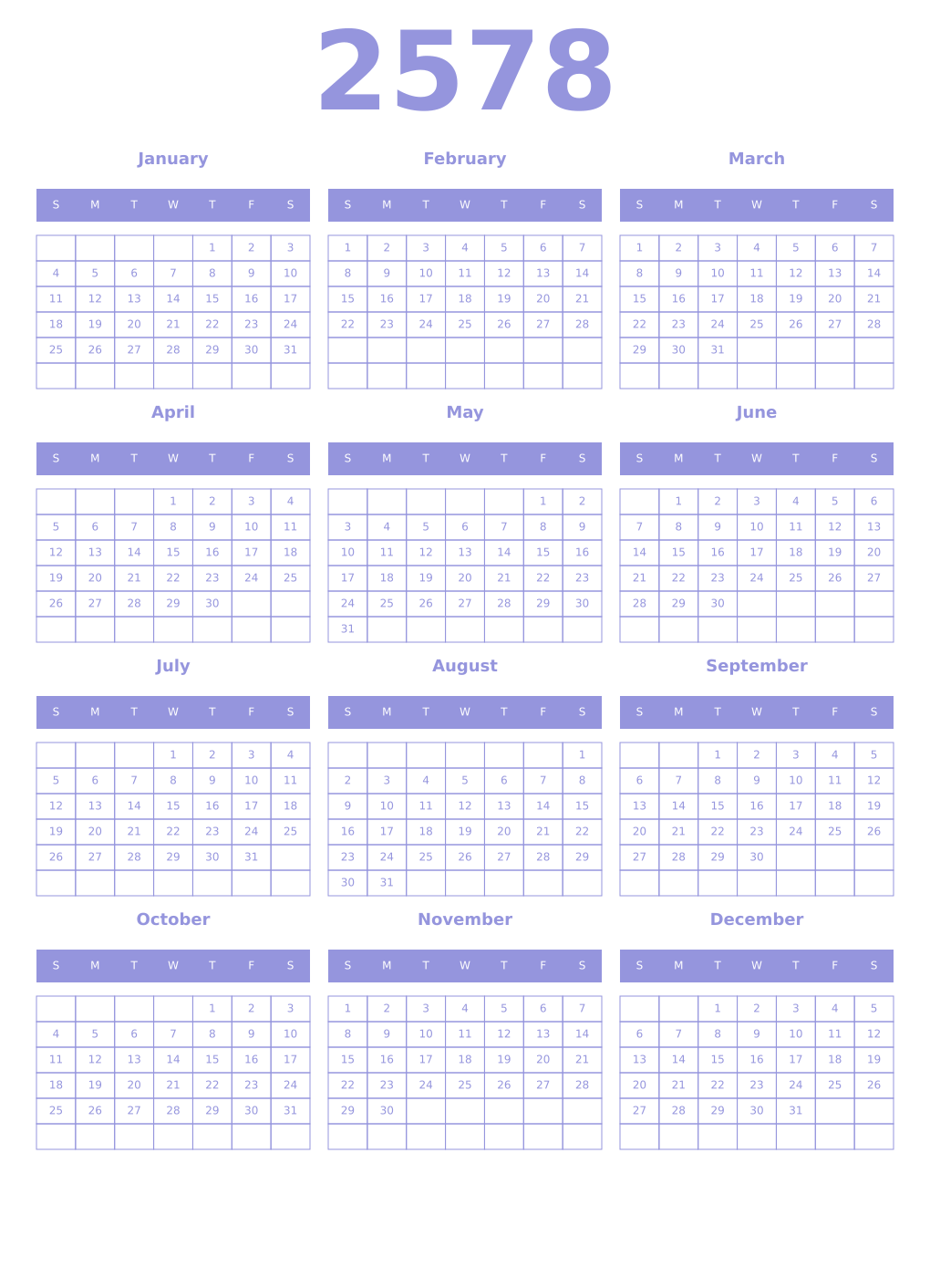 Printable 2578 Year Calendars periwinkle