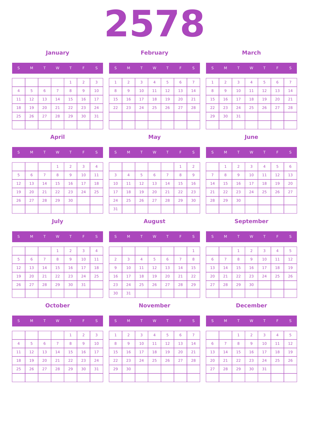 Printable 2578 Year Calendars purple