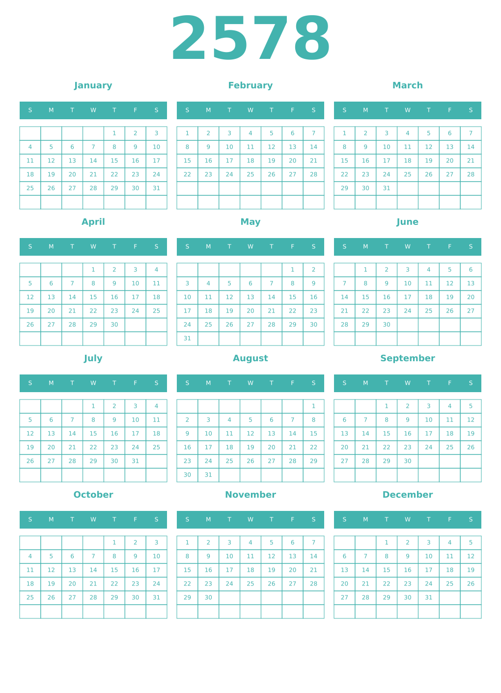 Printable 2578 Year Calendars verdigris
