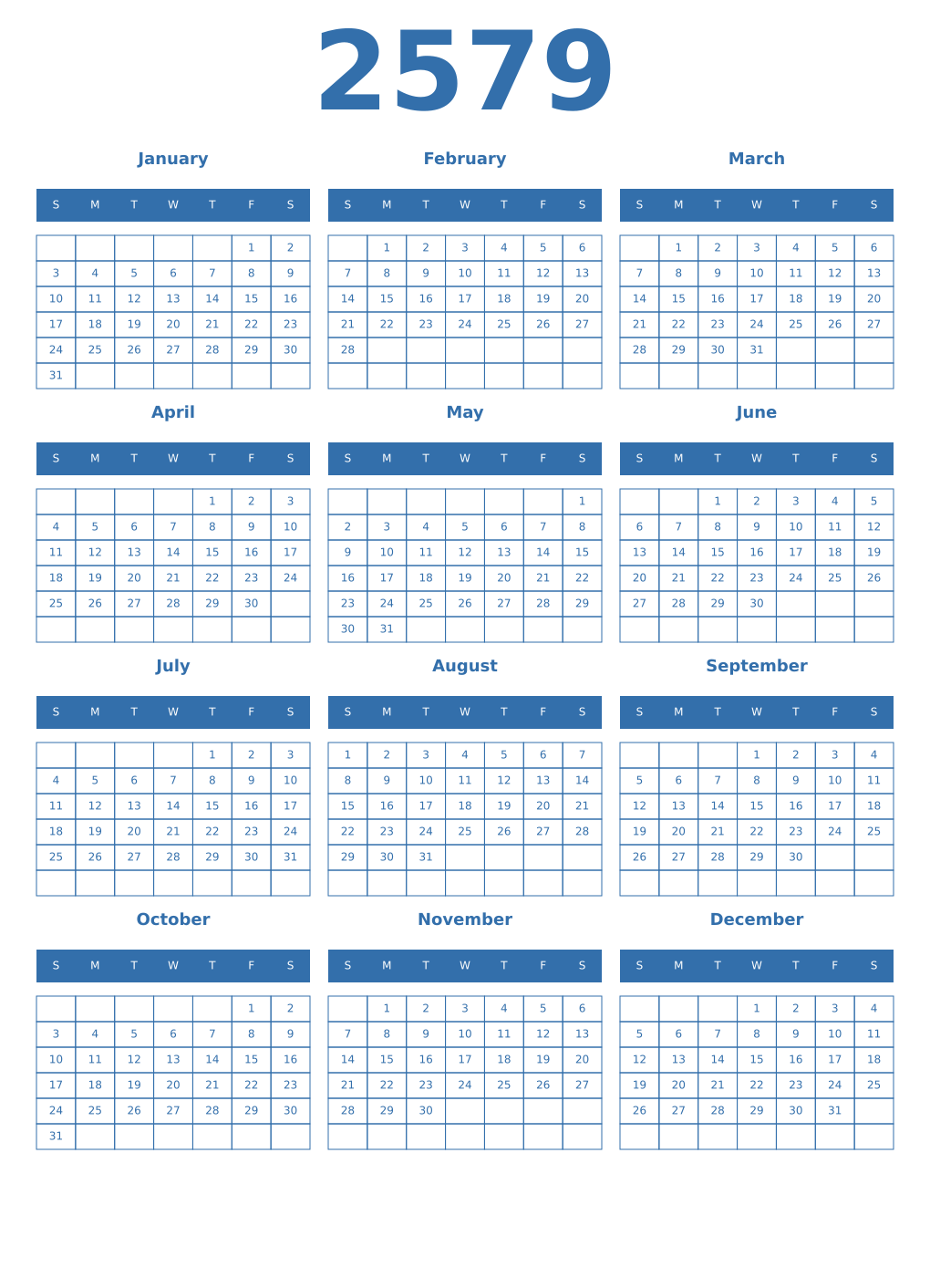 Printable 2579 Year Calendars blue