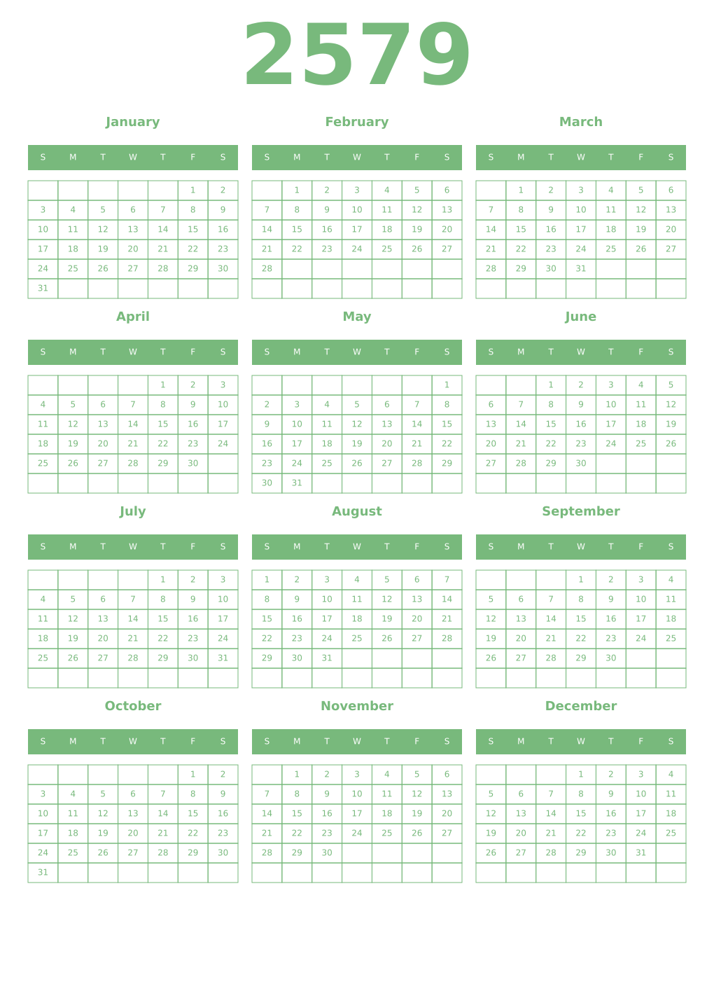 Printable 2579 Year Calendars celadon