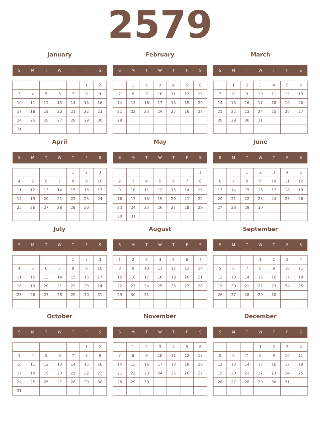 Printable 2579 Year Calendars coffe