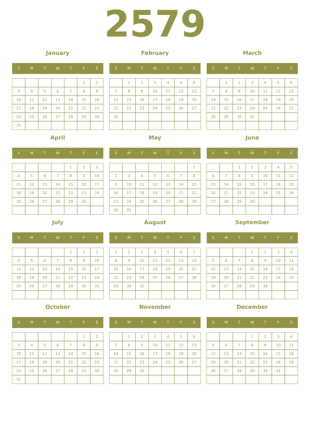 Printable 2579 Year Calendars eburnean