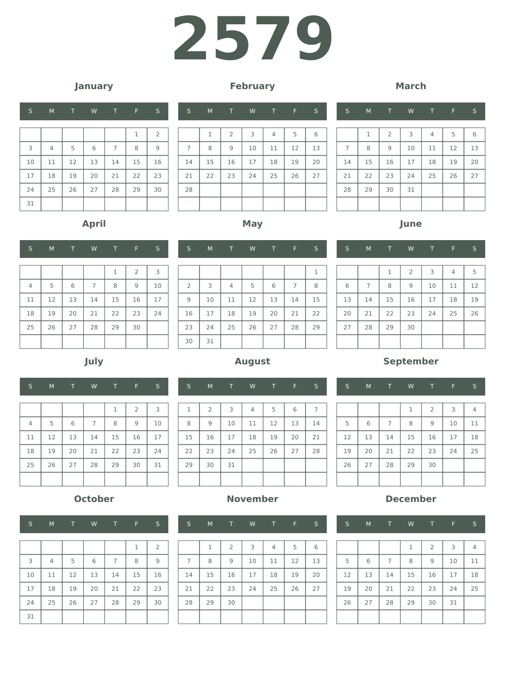 Printable 2579 Year Calendars feldgrau