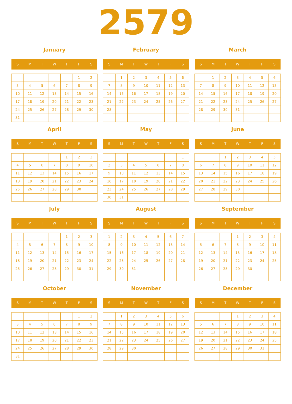 Printable 2579 Year Calendars gamboge