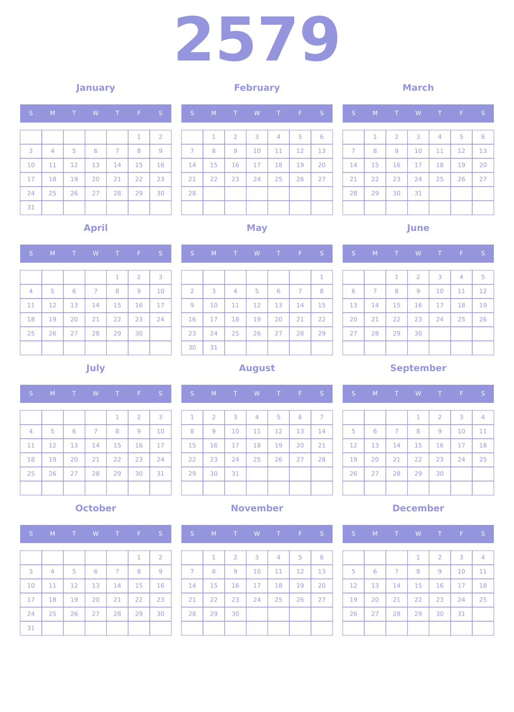 Printable 2579 Year Calendars periwinkle