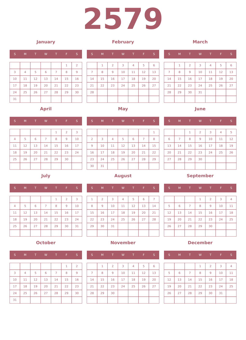 Printable 2579 Year Calendars puce