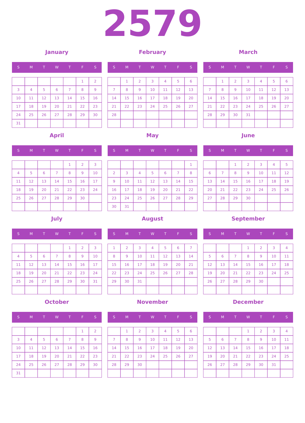 Printable 2579 Year Calendars purple