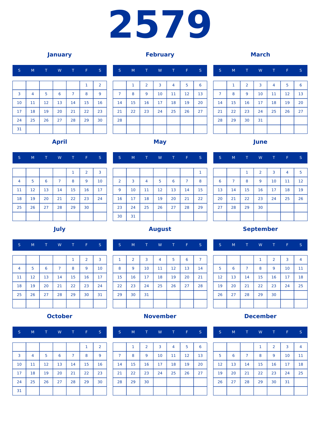 Printable 2579 Year Calendars smalt