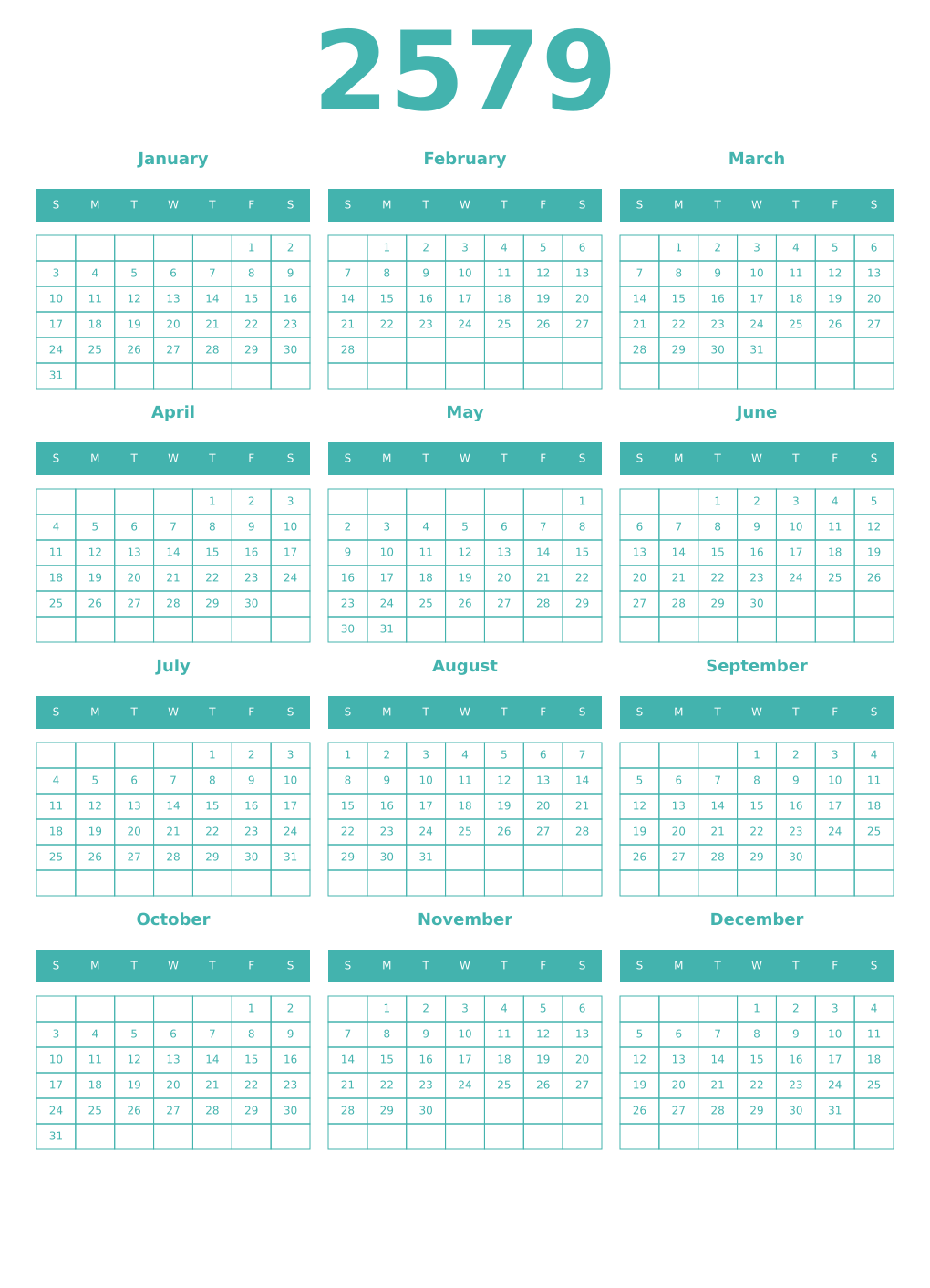Printable 2579 Year Calendars verdigris