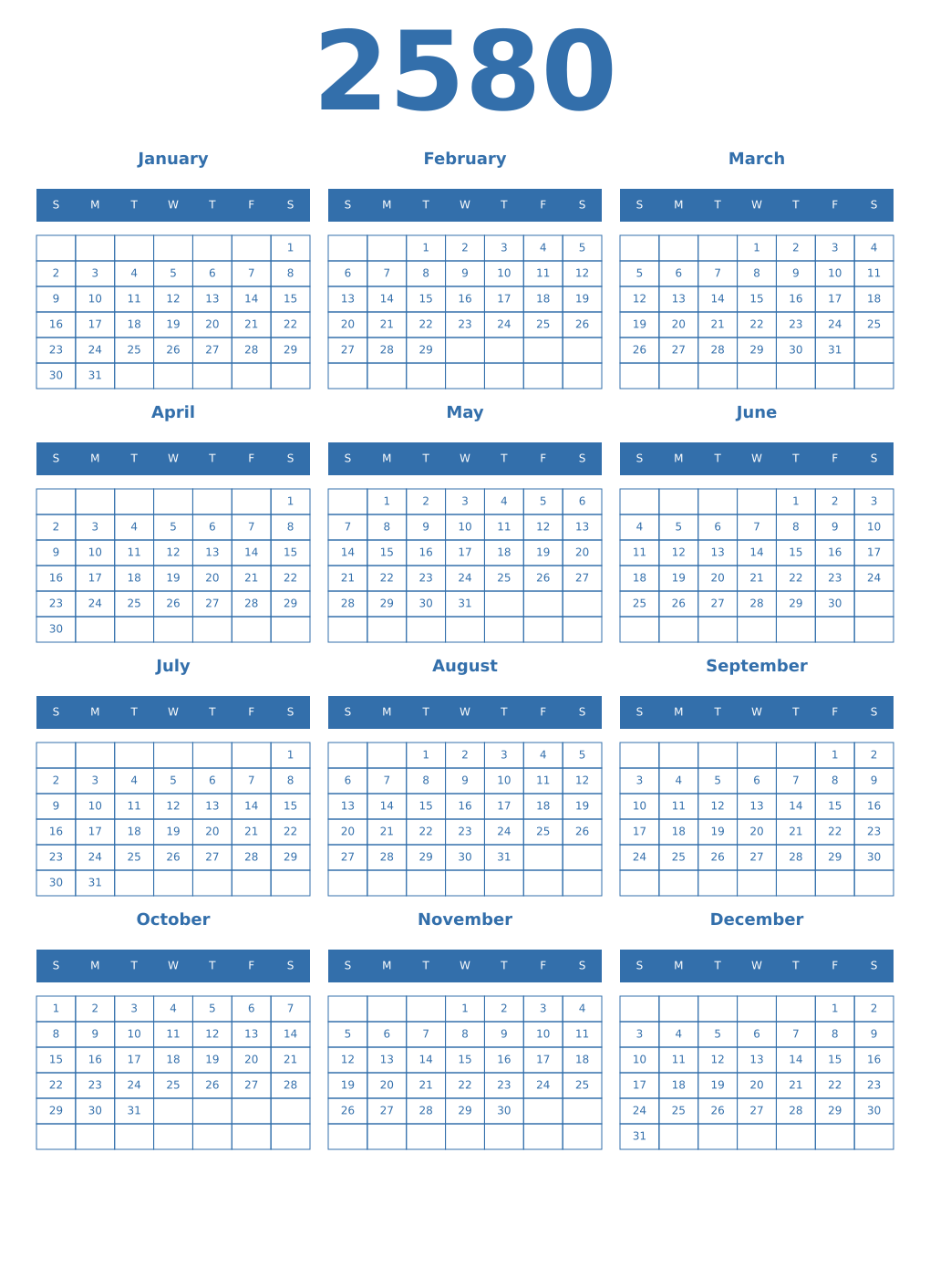 Printable 2580 Year Calendars blue