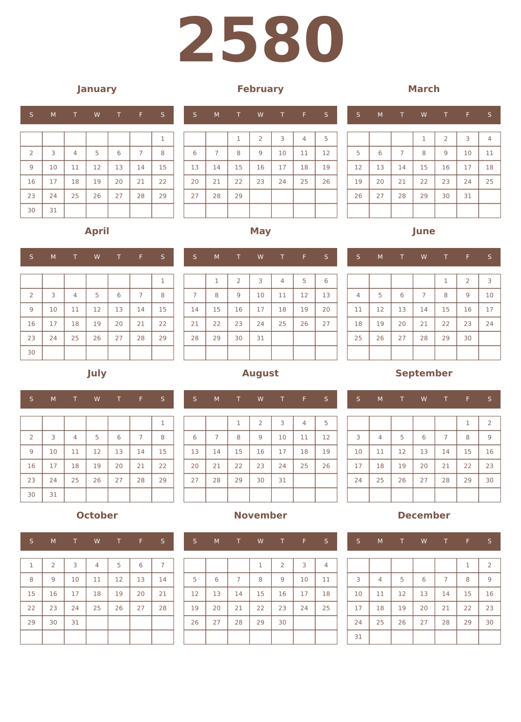 Printable 2580 Year Calendars coffe