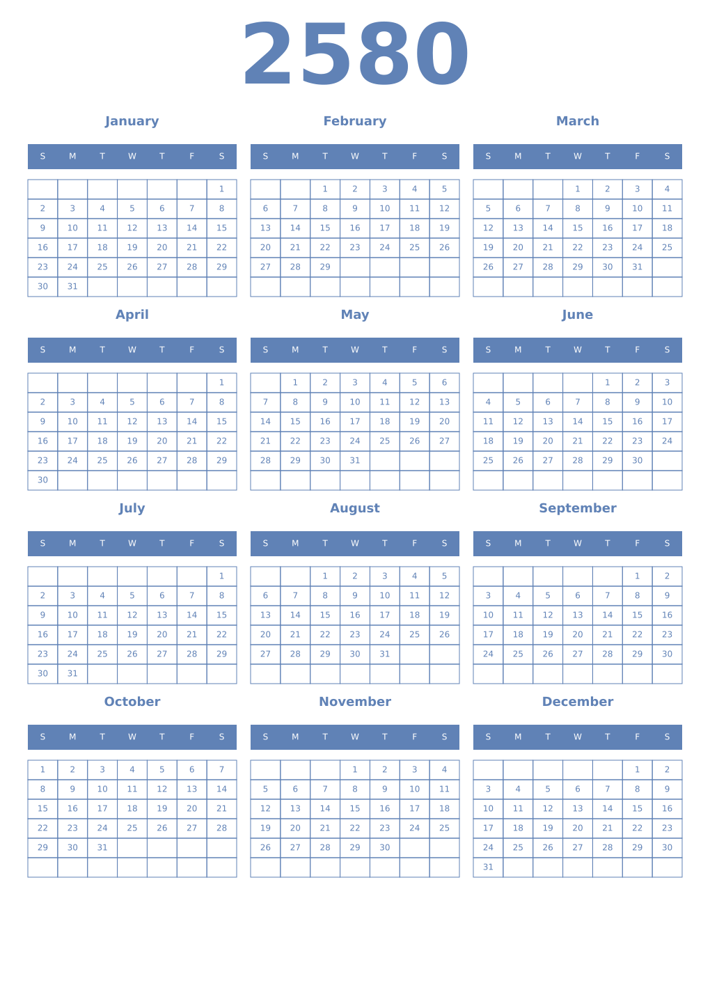 Printable 2580 Year Calendars glaucous