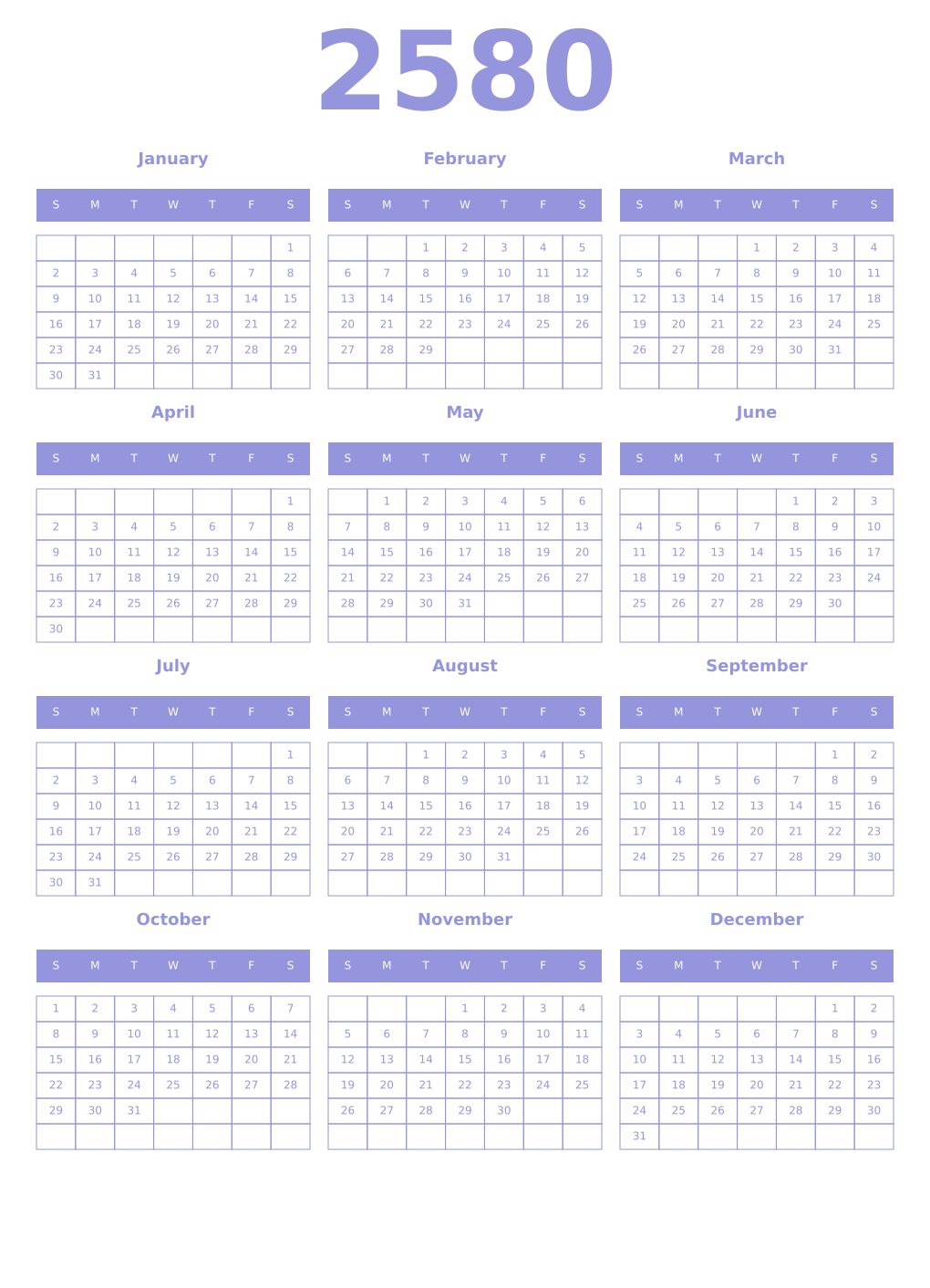 Printable 2580 Year Calendars periwinkle