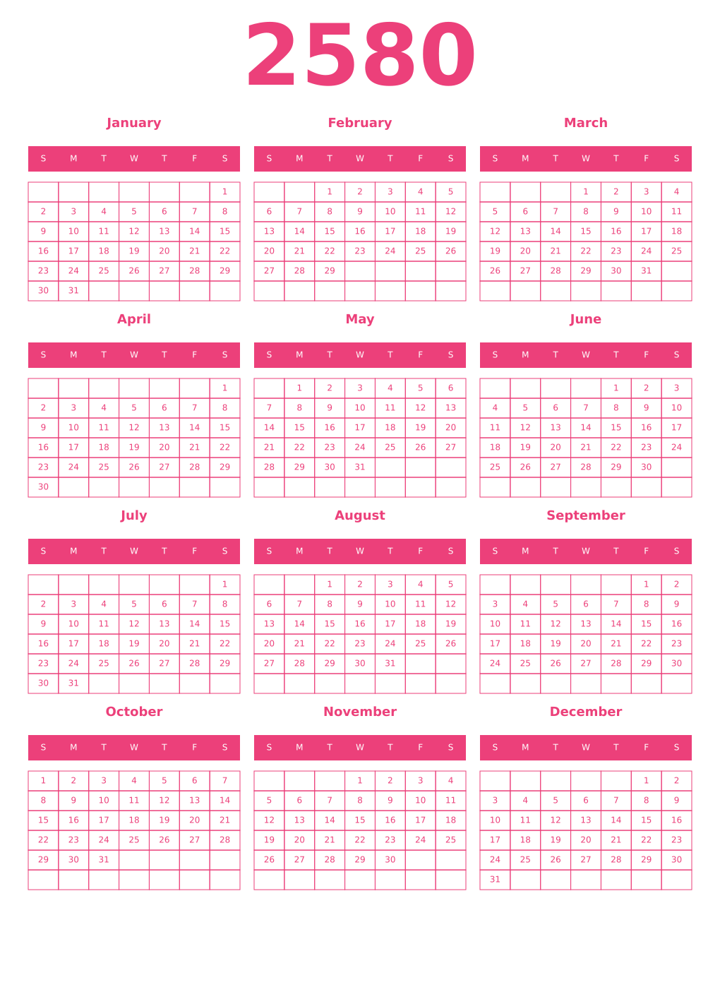 Printable 2580 Year Calendars pink