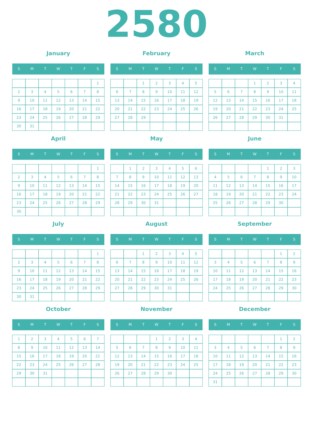 Printable 2580 Year Calendars verdigris