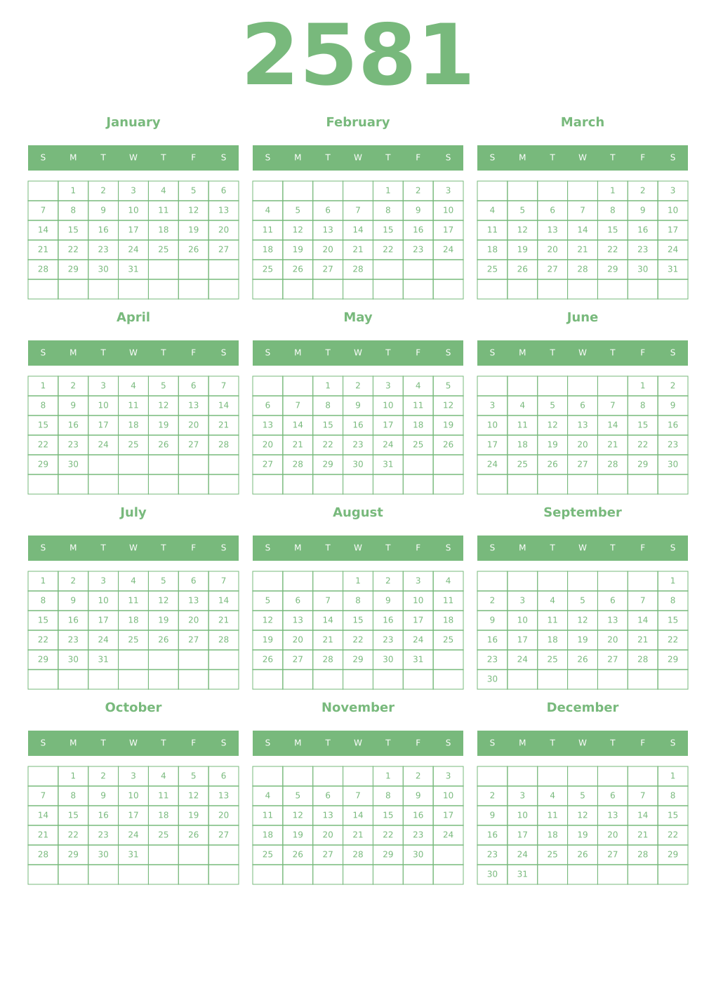 Printable 2581 Year Calendars celadon