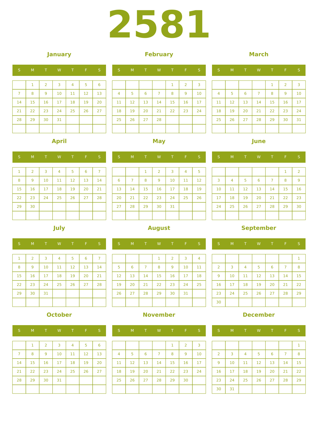 Printable 2581 Year Calendars chartreuse