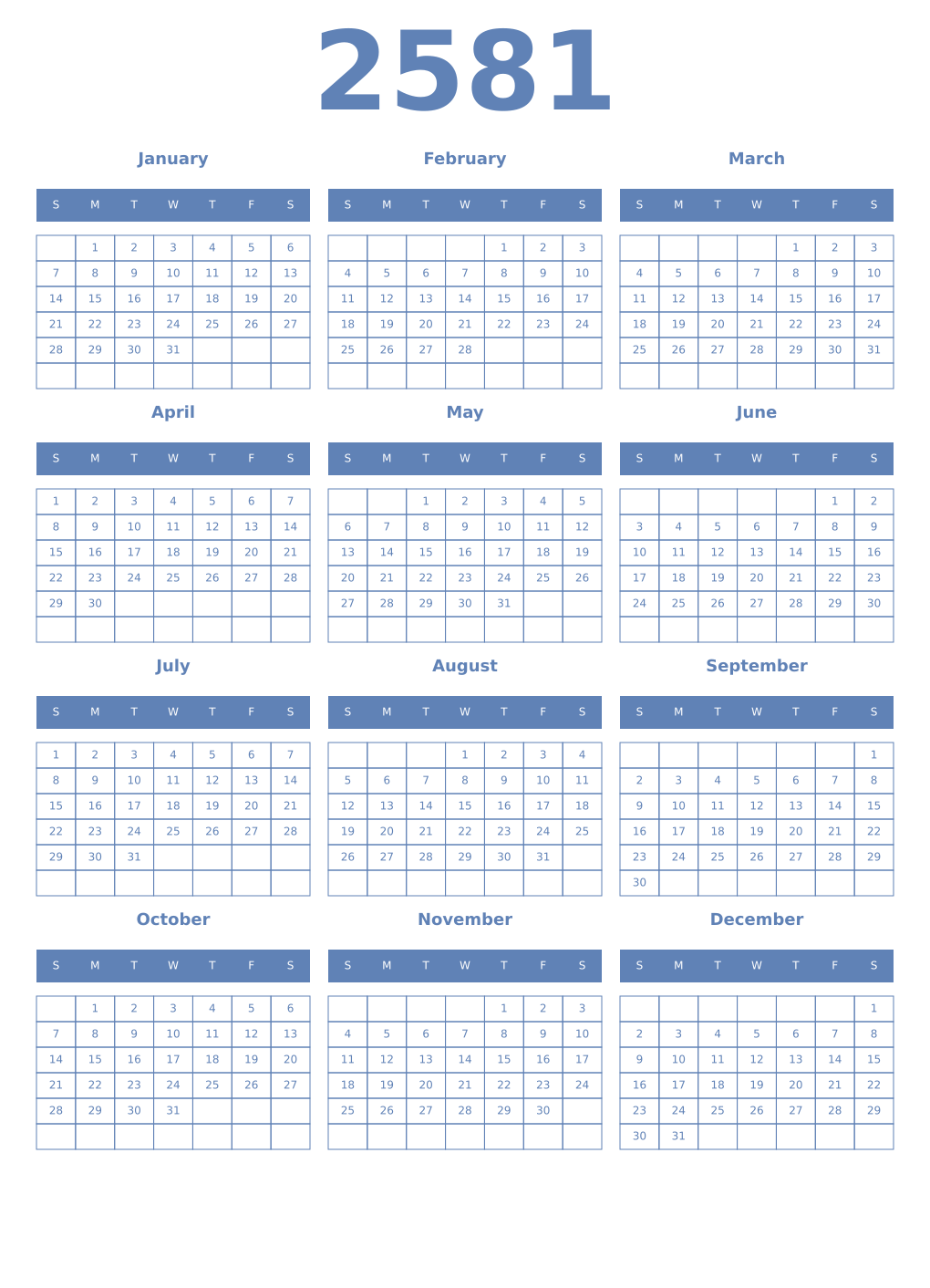 Printable 2581 Year Calendars glaucous