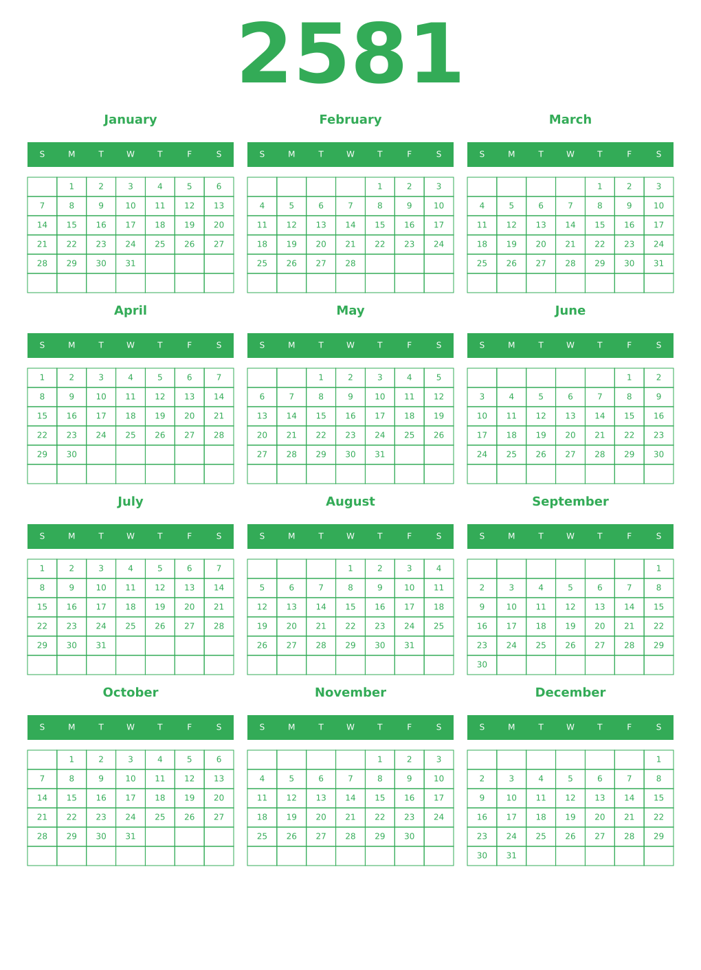 Printable 2581 Year Calendars green