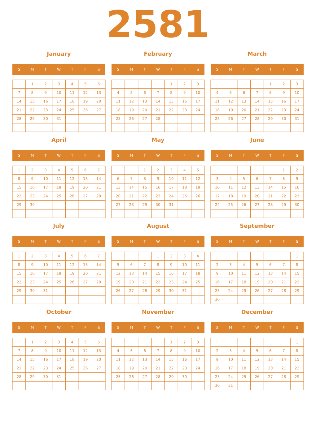 Printable 2581 Year Calendars orange