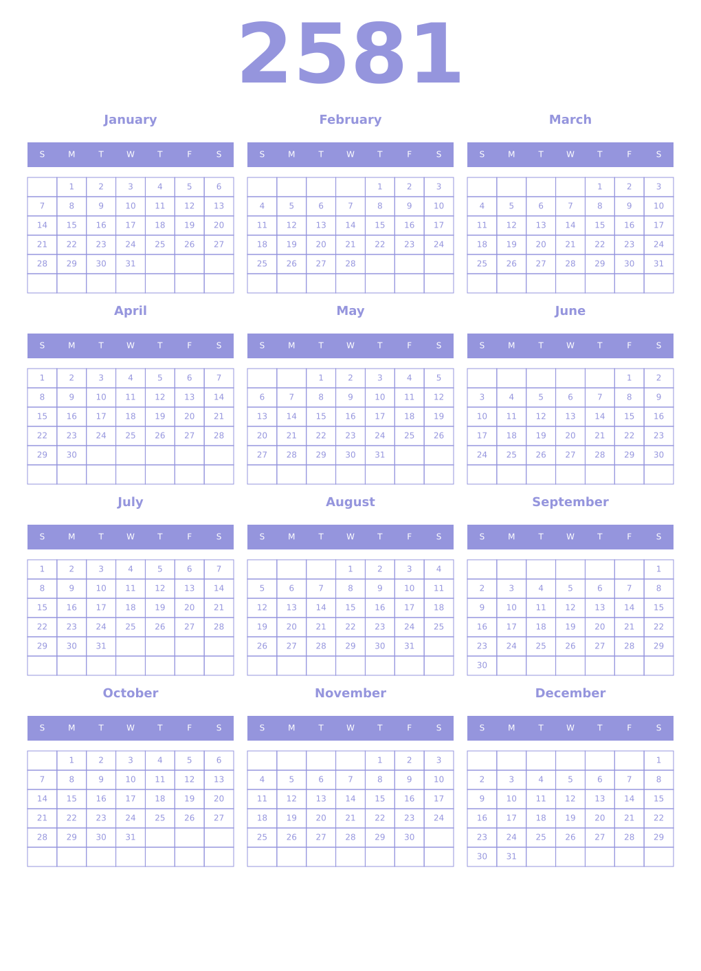 Printable 2581 Year Calendars periwinkle