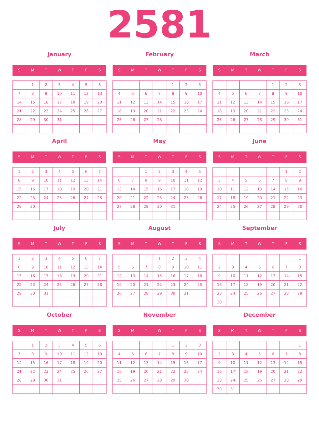 Printable 2581 Year Calendars pink