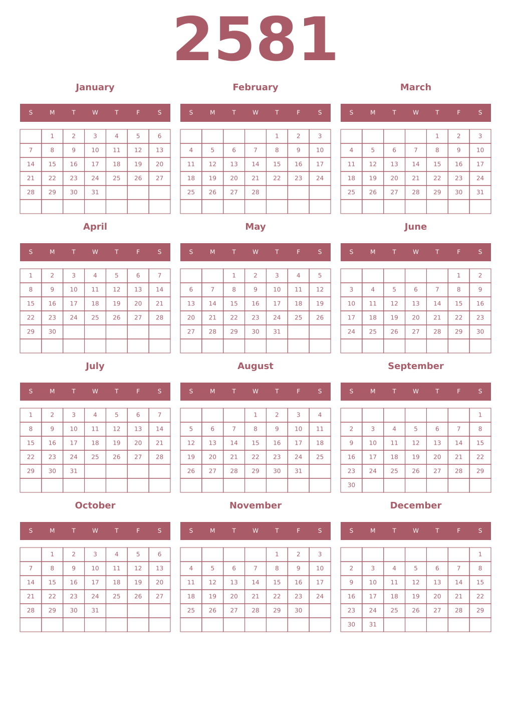 Printable 2581 Year Calendars puce