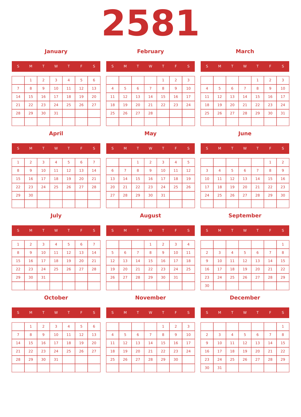Printable 2581 Year Calendars red