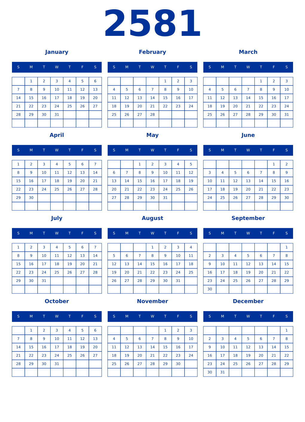 Printable 2581 Year Calendars smalt