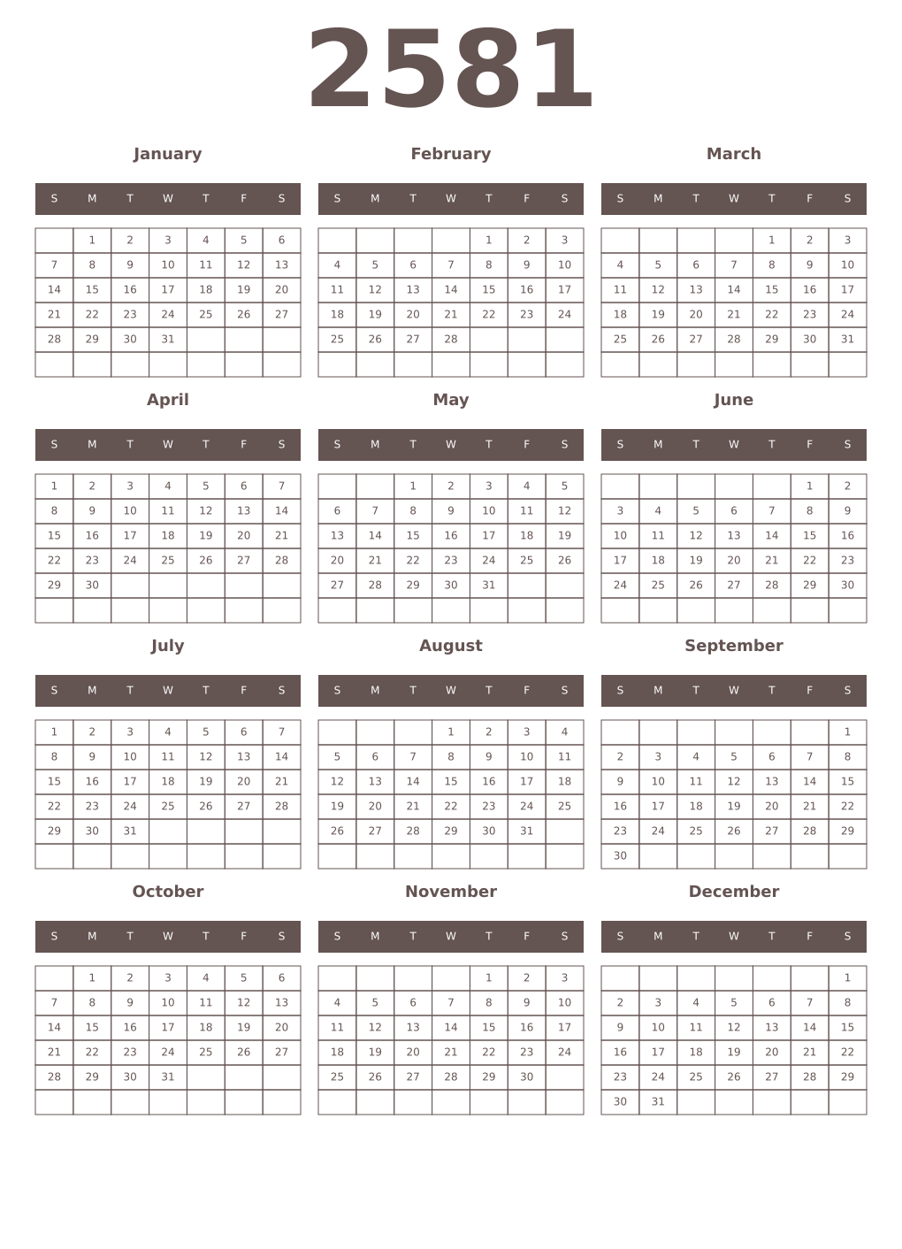 Printable 2581 Year Calendars wenge