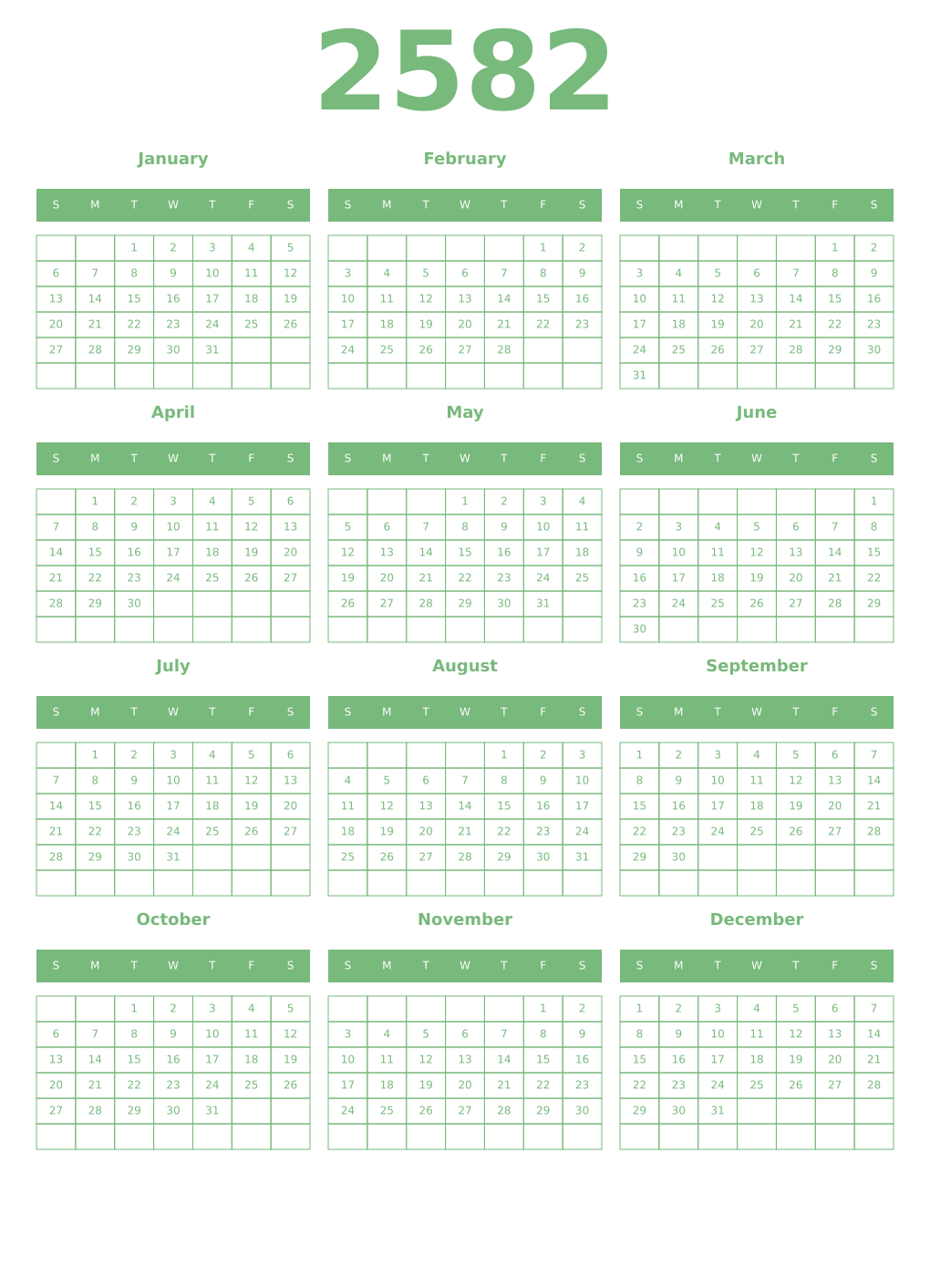 Printable 2582 Year Calendars celadon