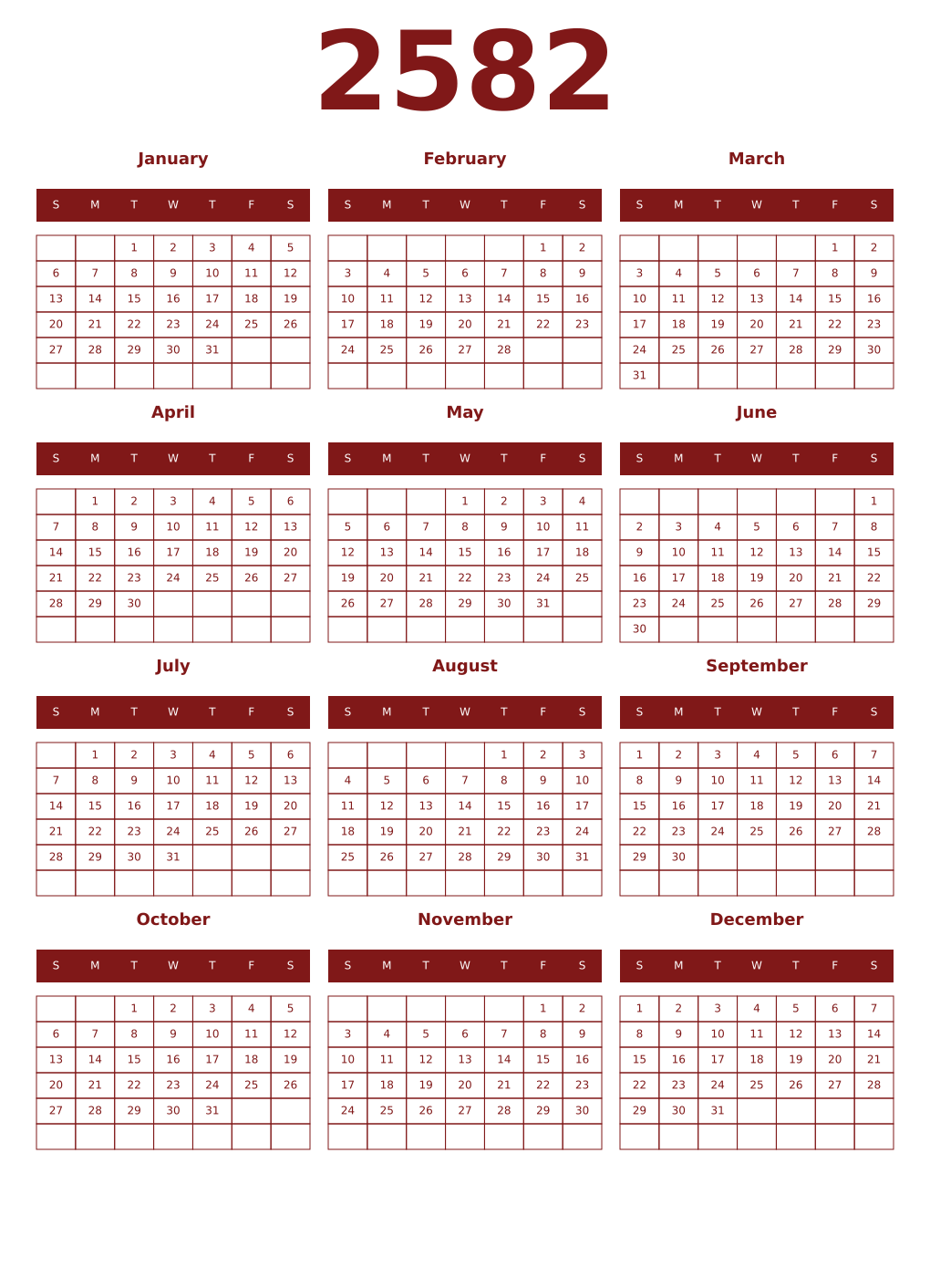 Printable 2582 Year Calendars falu