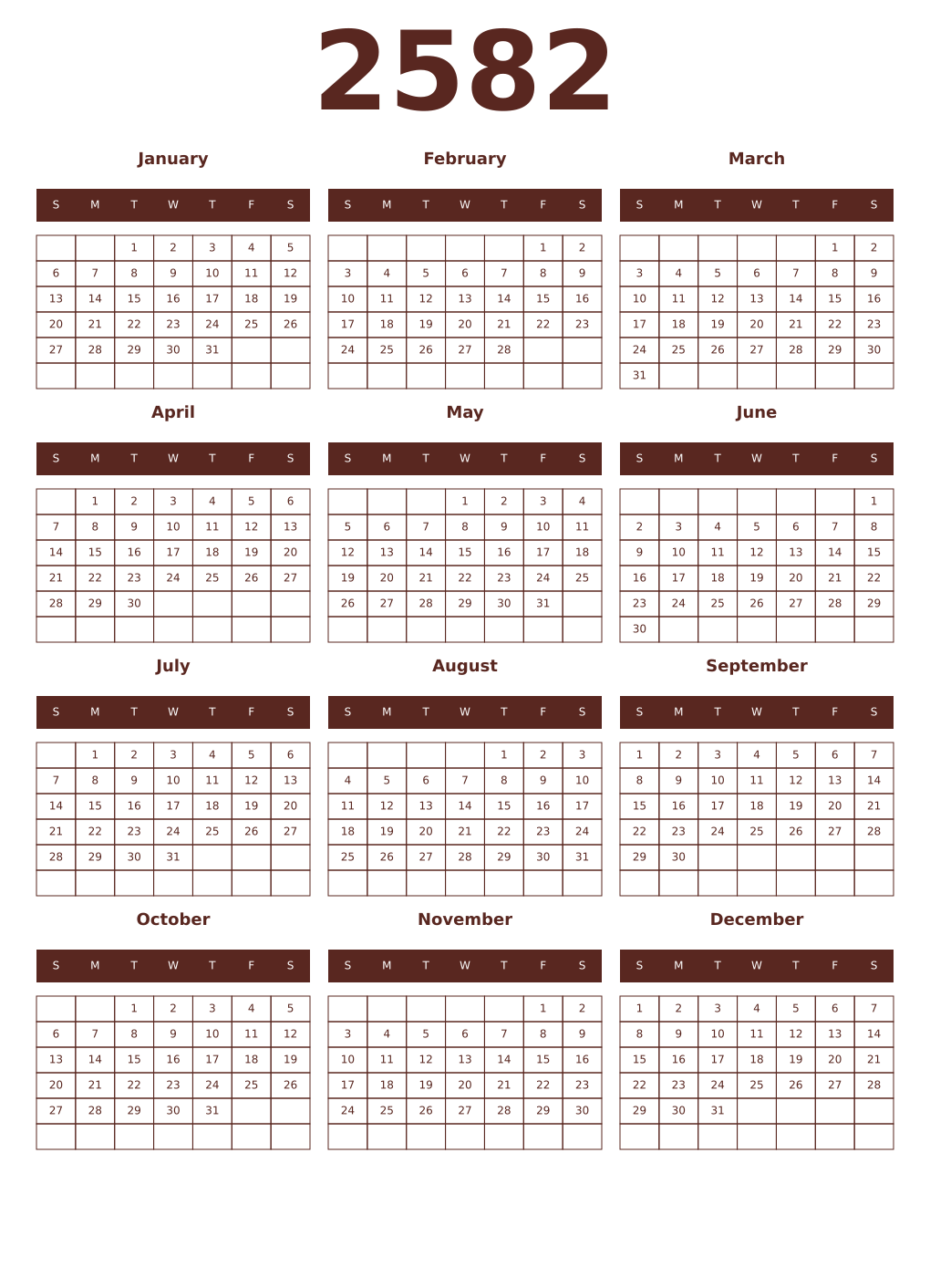 Printable 2582 Year Calendars mortuum