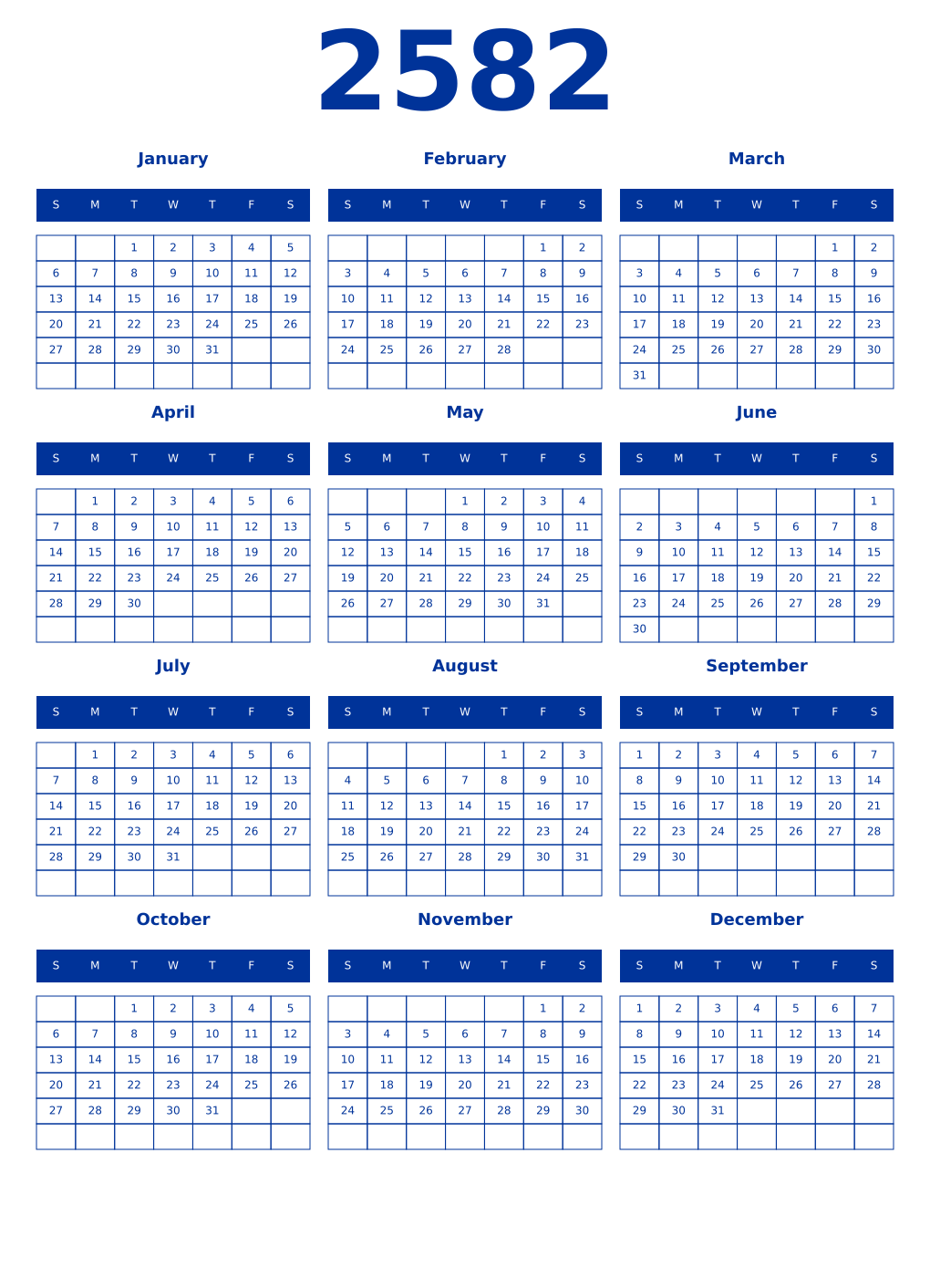 Printable 2582 Year Calendars smalt