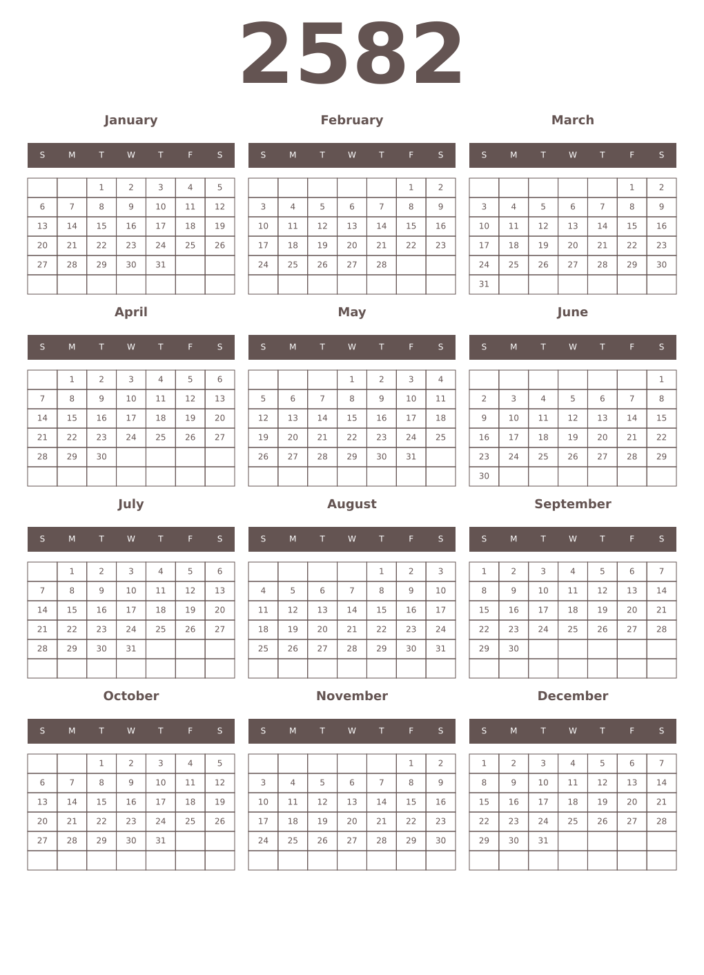 Printable 2582 Year Calendars wenge