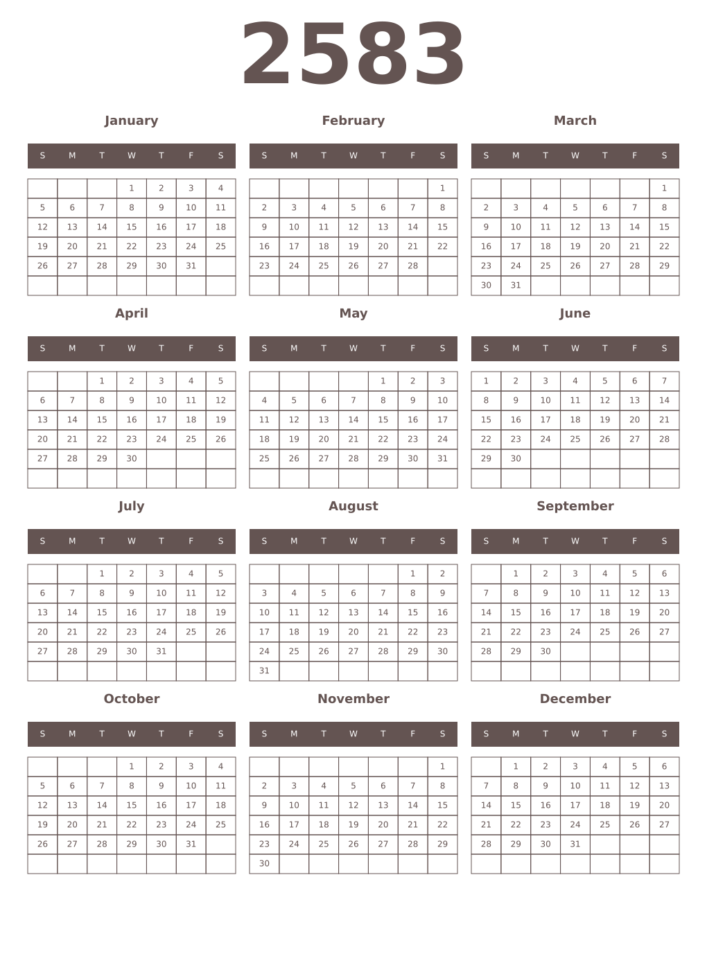 Printable 2583 Year Calendars wenge