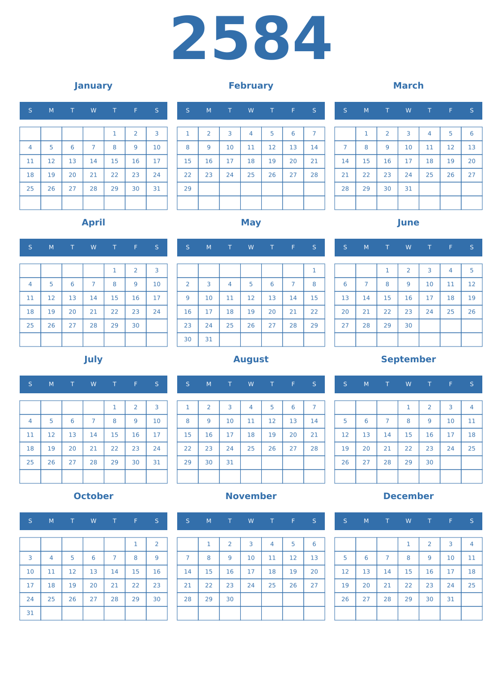 Printable 2584 Year Calendars blue