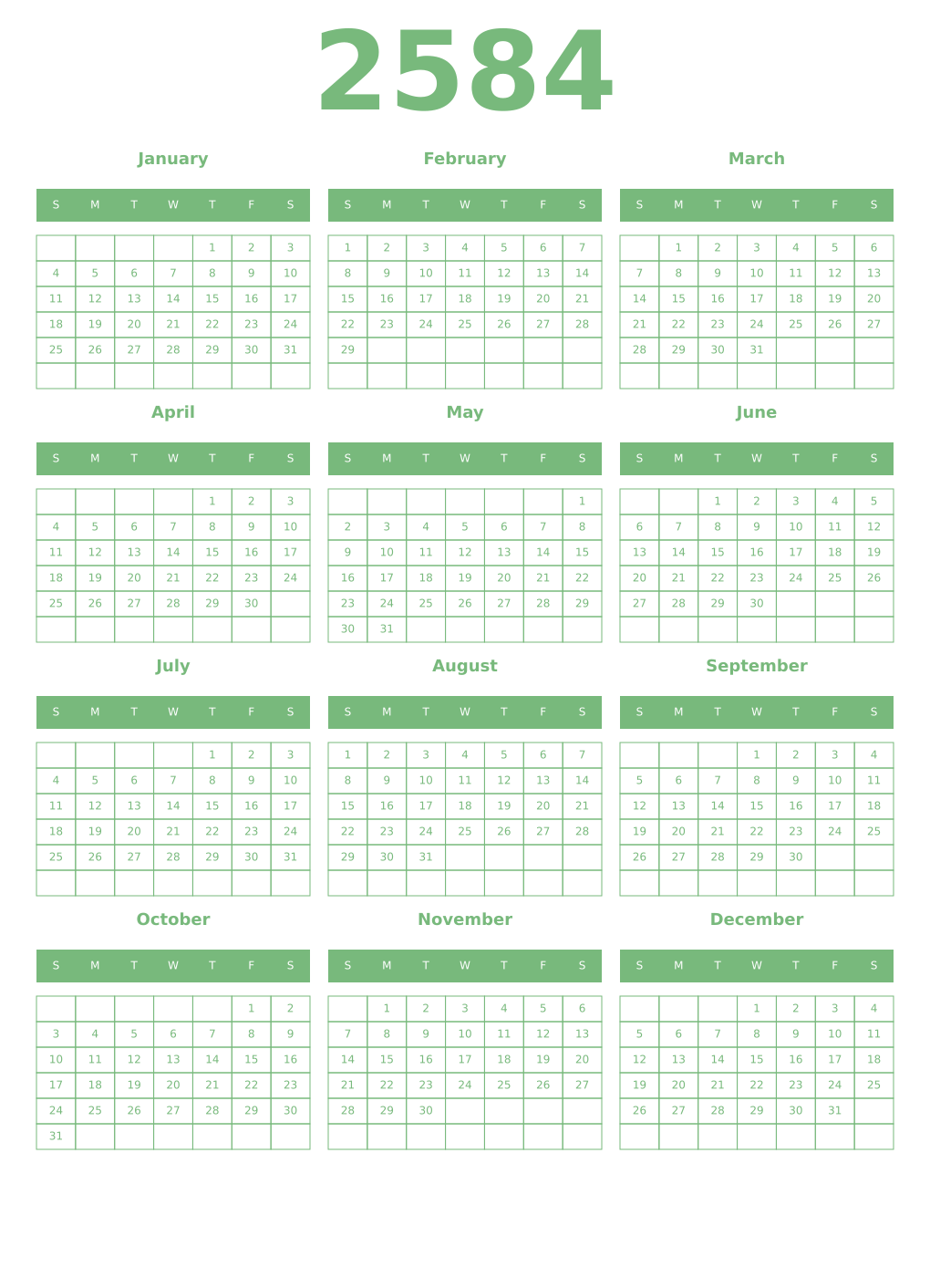 Printable 2584 Year Calendars celadon