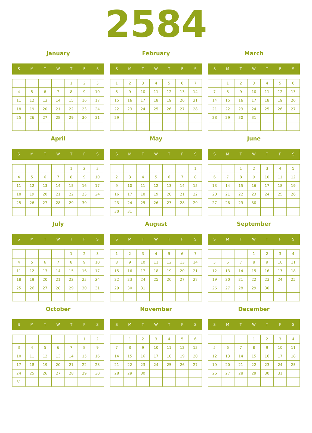 Printable 2584 Year Calendars chartreuse