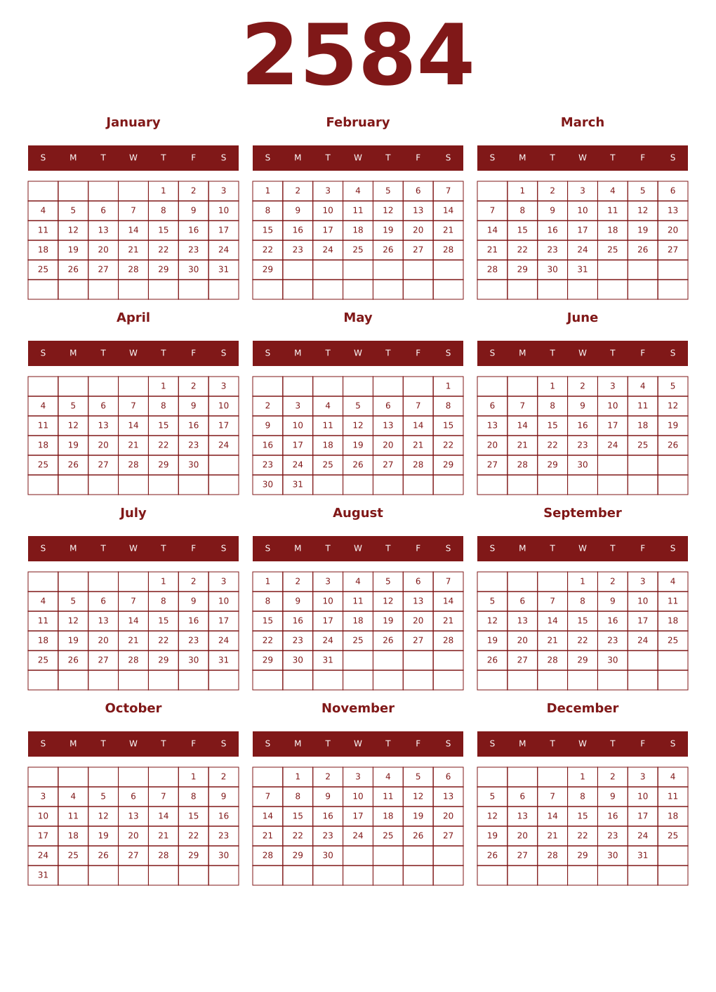 Printable 2584 Year Calendars falu