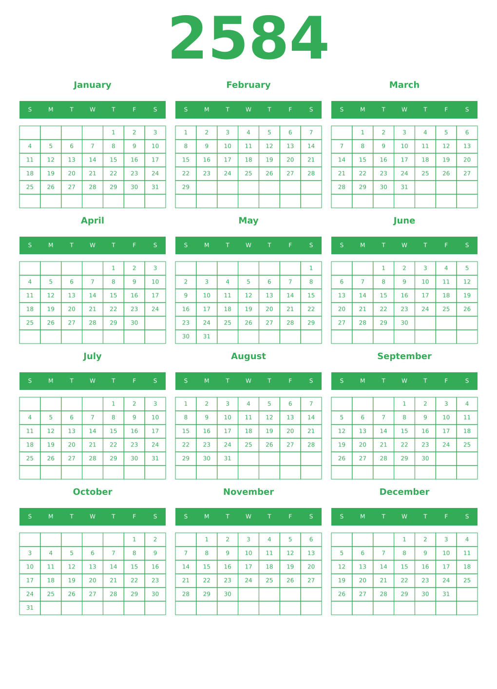 Printable 2584 Year Calendars green