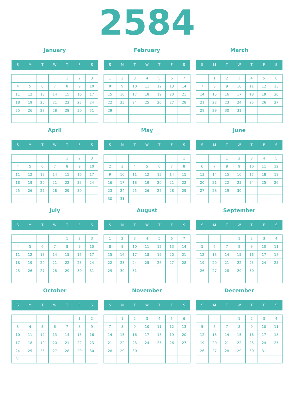 Printable 2584 Year Calendars verdigris