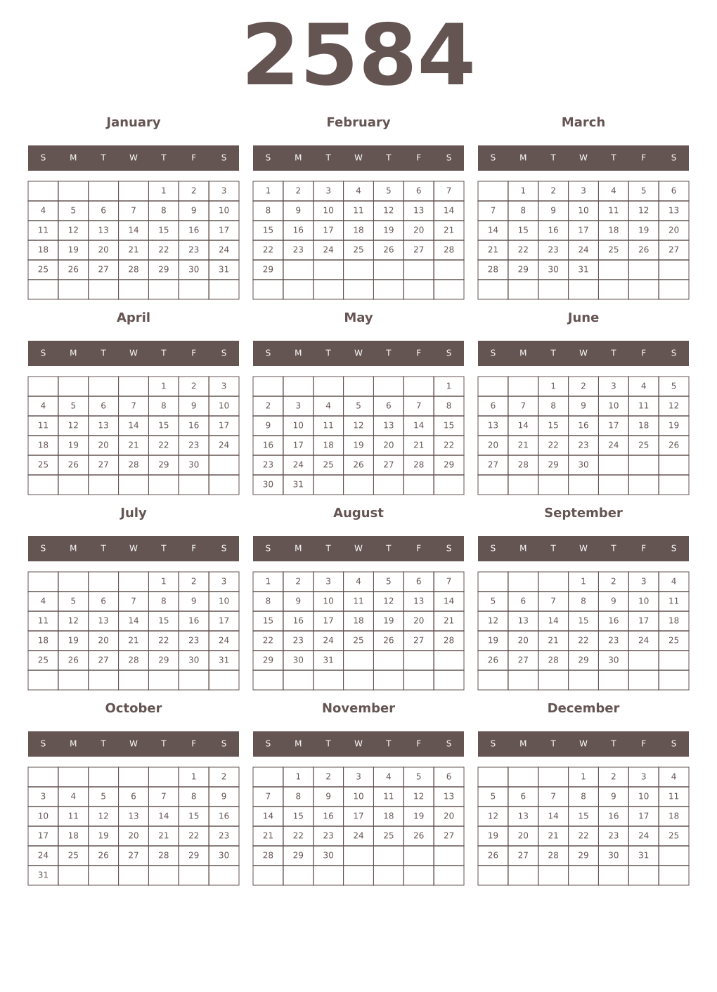 Printable 2584 Year Calendars wenge