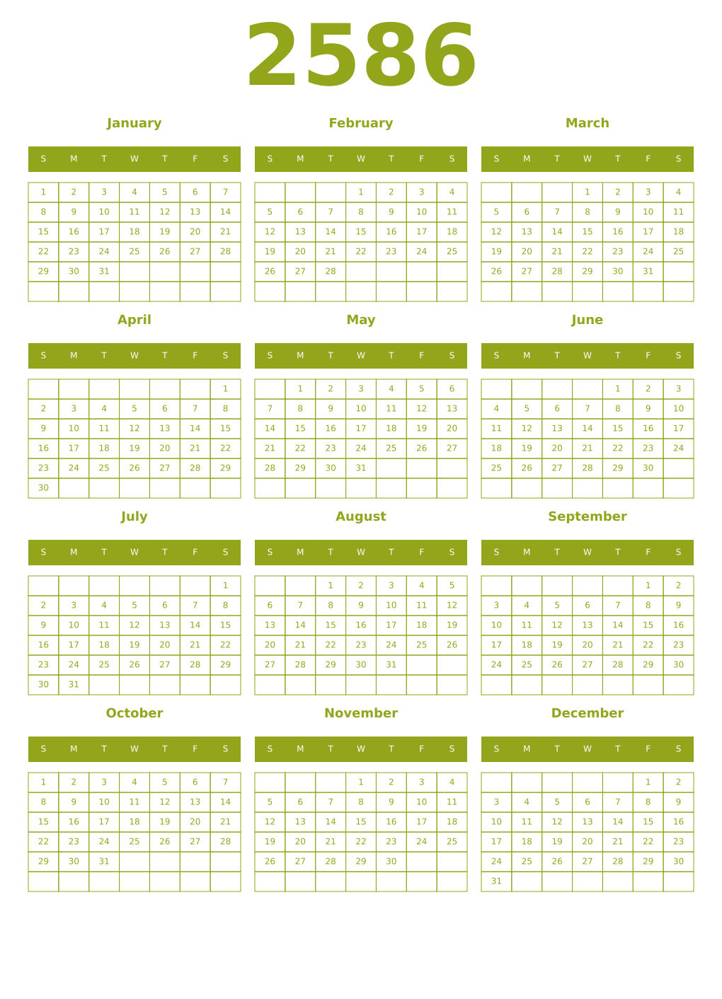 Printable 2586 Year Calendars chartreuse