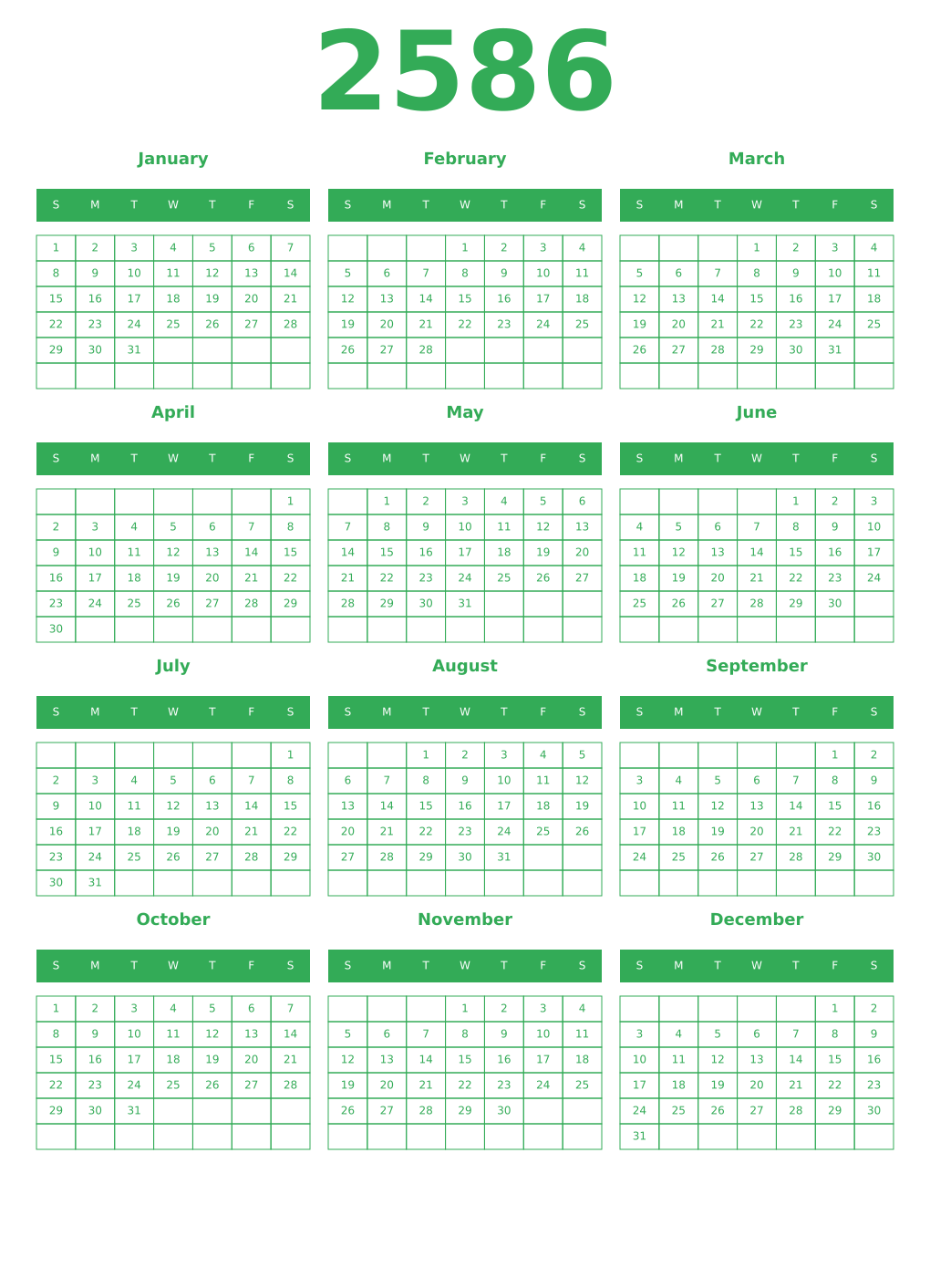 Printable 2586 Year Calendars green